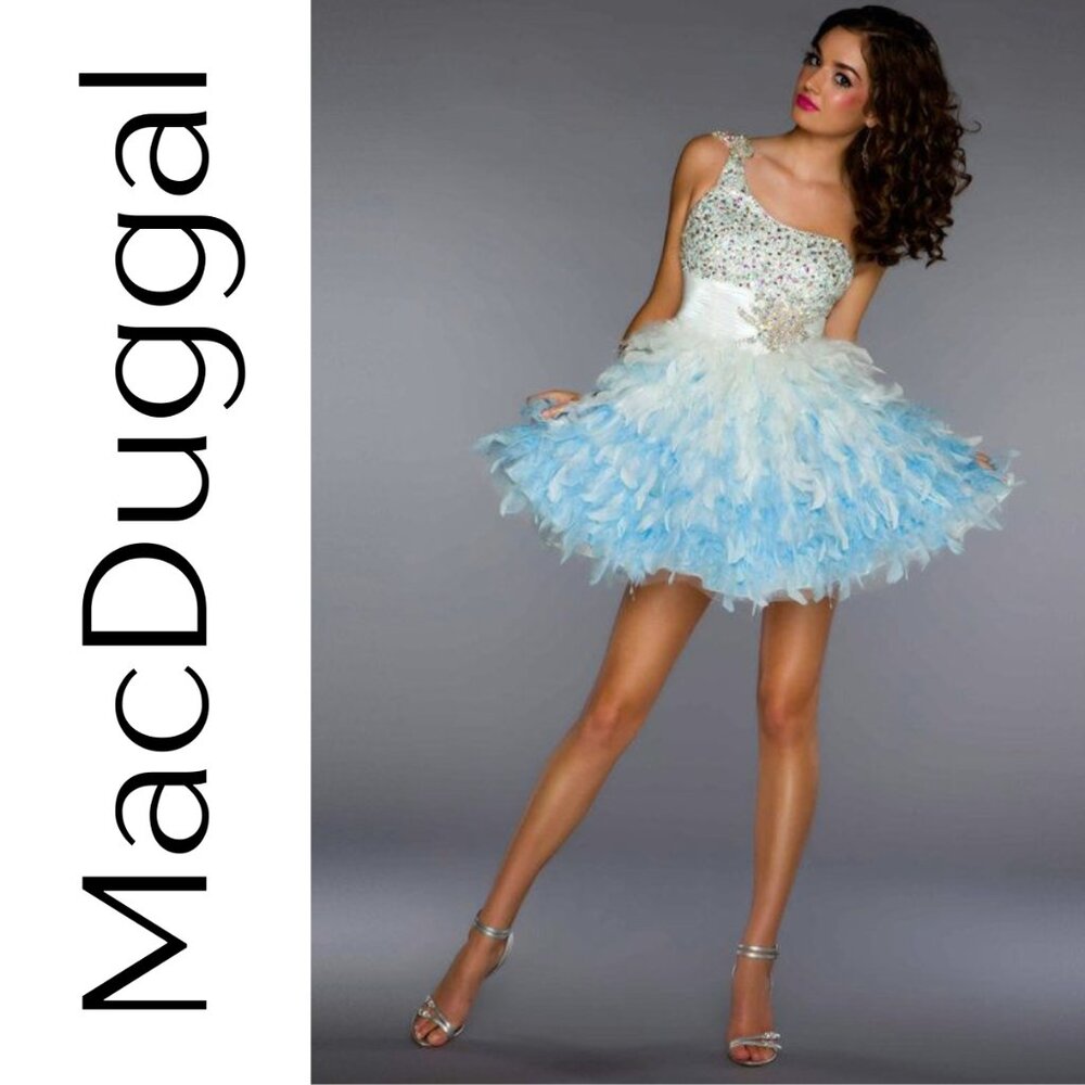 Mac Duggal One-Shoulder Sequin & Feather Mini Dress | Blue & Ivory